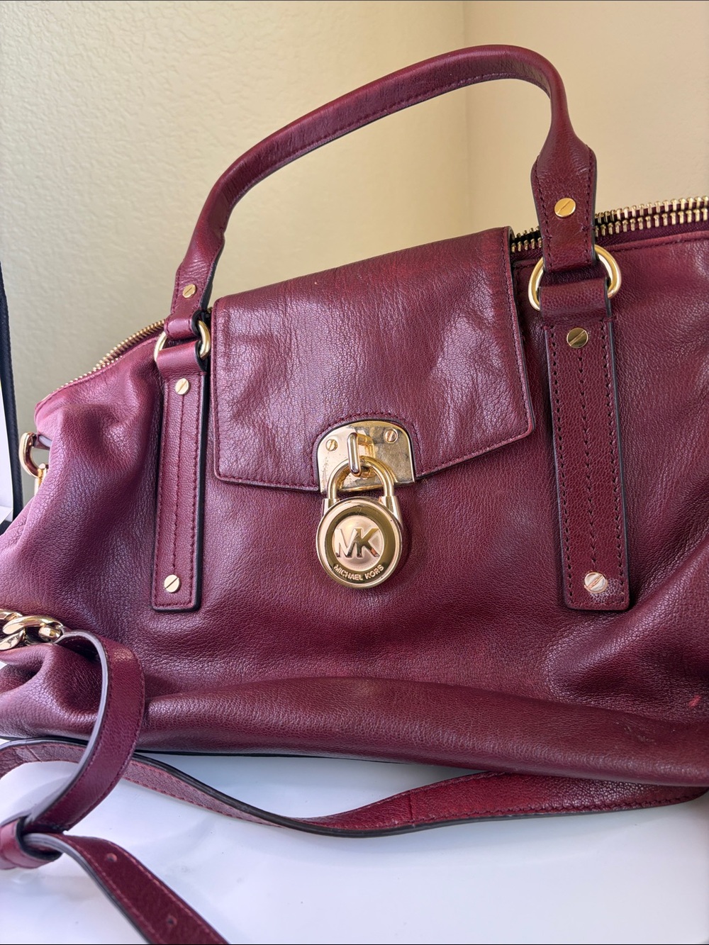 Michael Kors Wine Leather Satchel with Gold Hardware